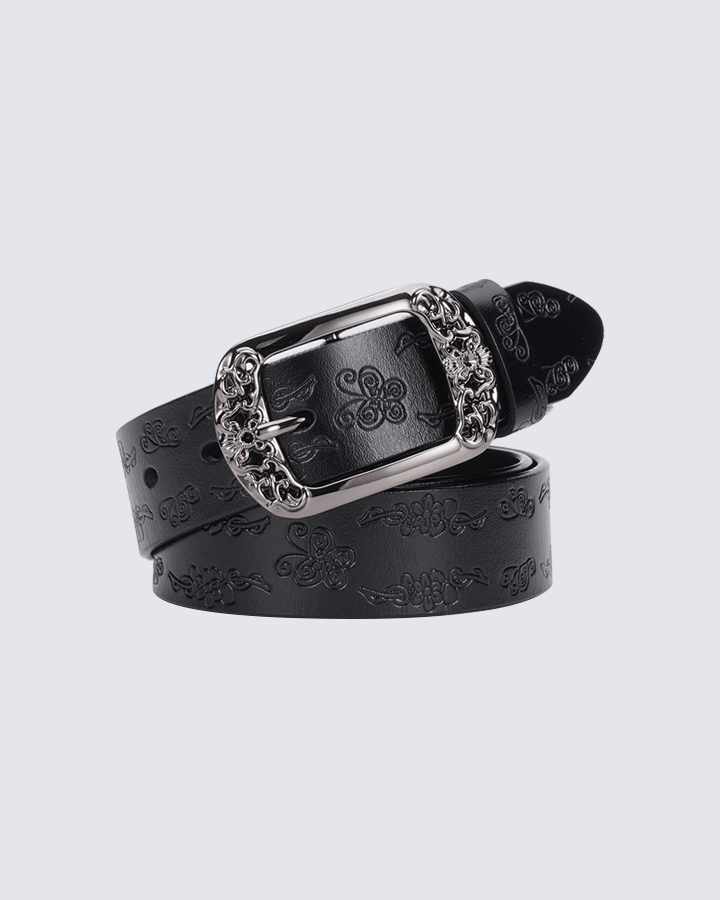 Vintage Floral Embossed Leather Belt with Ornate Buckle