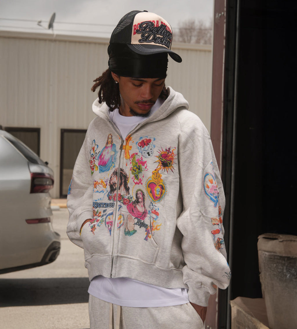 Righteous Risen King Zip Up Hoodie Grey